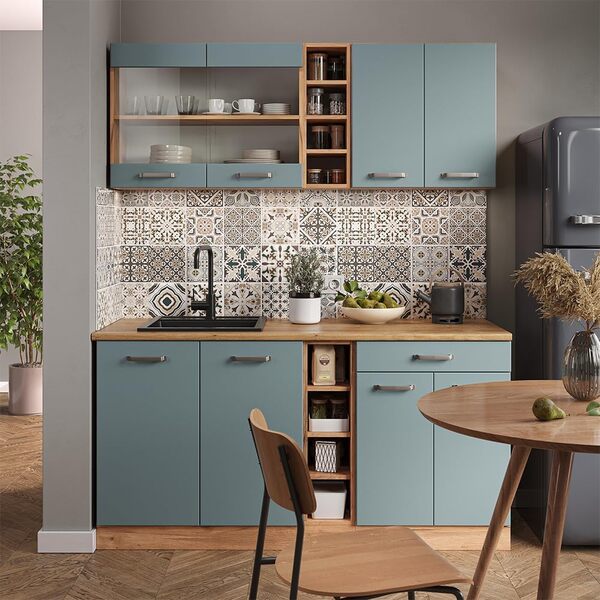 Vicco Cuisine R-Line, Bleu-Gris/Chêne de Force doré, 160 cm sans Plan de Travail