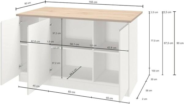 Dmora - Îlot de Cuisine Patrizio, Armoire Polyvalente, Meuble de kitchenette, Table auxiliaire, 100% Made in Italy, 155x90h90 cm, Blanc Brillant et chêne