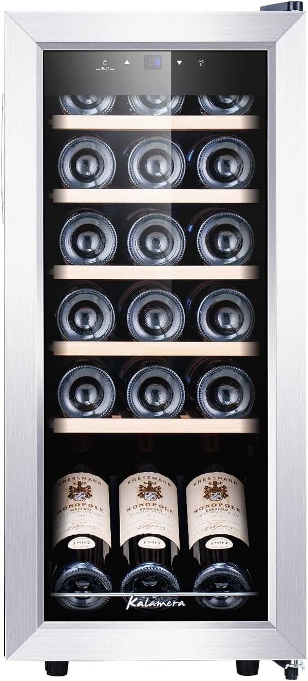Kalamera Cave a vin, 18 bouteilles Cave à vin vieillissement, Écran tactile, Étagère en bois amovibles, Porte vitrée avec cadre en acier inoxydable, 51 litres, KRC-51FCSS [Classe énergétique G]