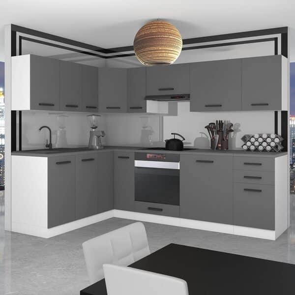 Belini Cuisine Équipée Janet L-Forme avec Plan de Travail - Meubles de Cuisine Complets, Argent Mat
