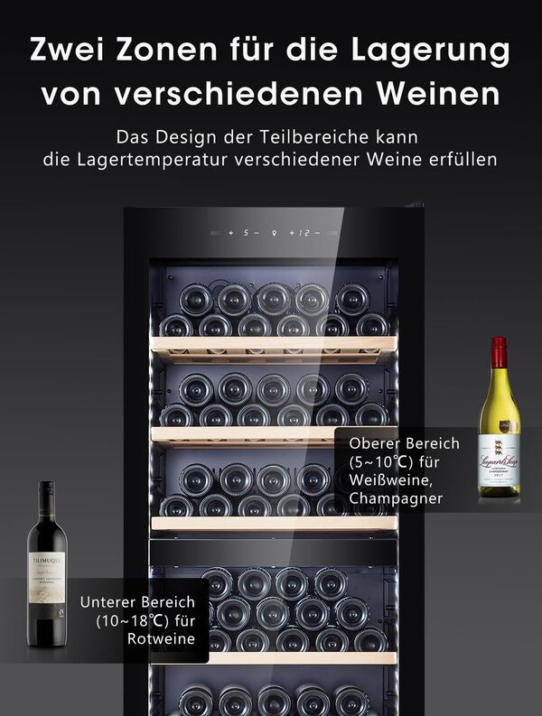 Kalamera Cave a vin Nouvelle version, 84 bouteilles, cave à vin multi-températures, deux zones de température 5-10°C / 10-18°C, 266 litres, KRC-266BFG [Classe énergétique G]