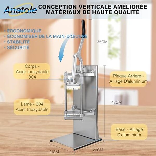 Découvrez les performances et la polyvalence du coupe frites Anatole en acier inoxydable pour des frites parfaites rapidement et sans effort