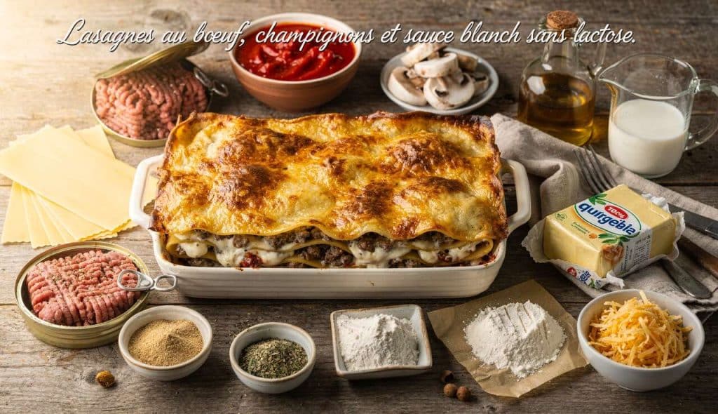 Lasagnes au bœuf, champignons et sauce blanche sans lactose
