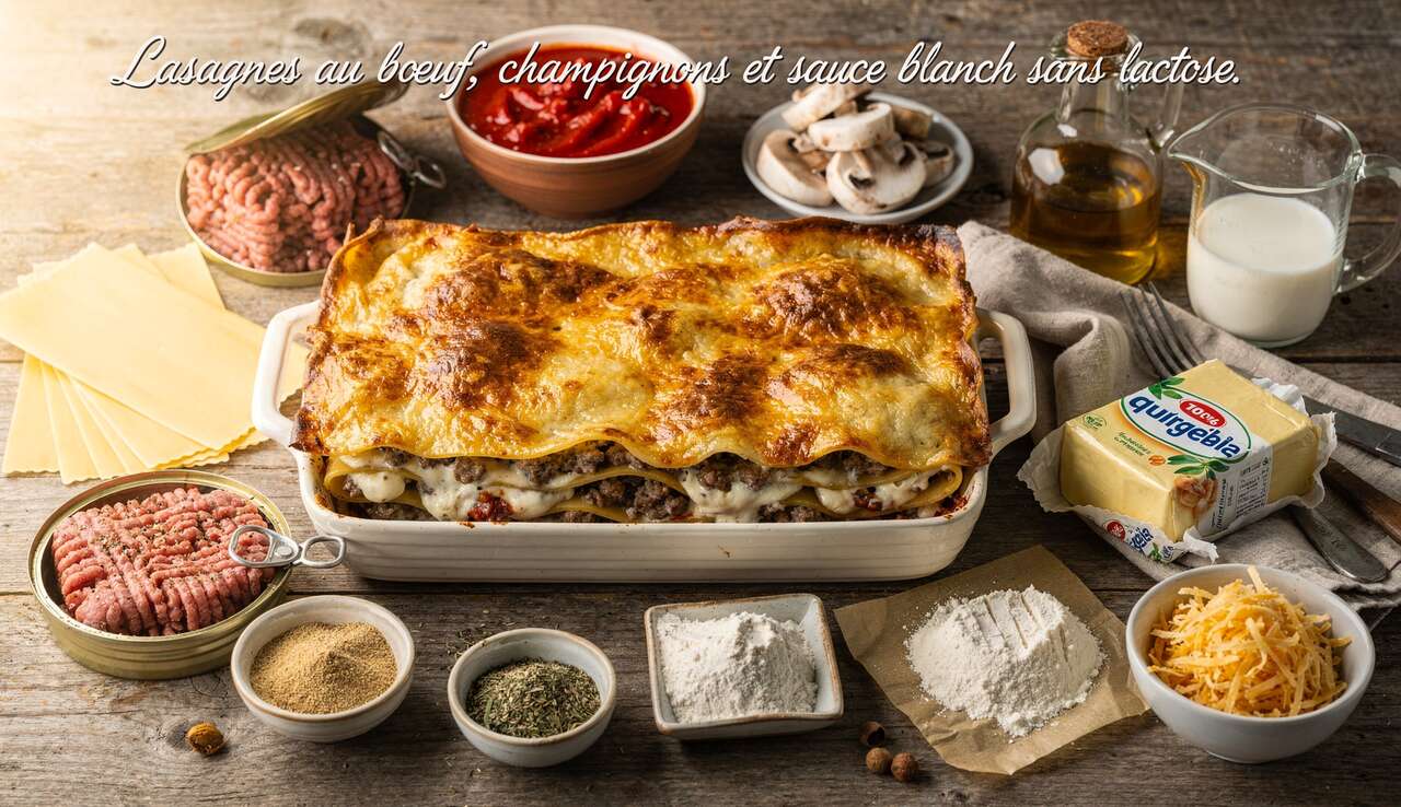 Lasagnes au bœuf, champignons et sauce blanche sans lactose