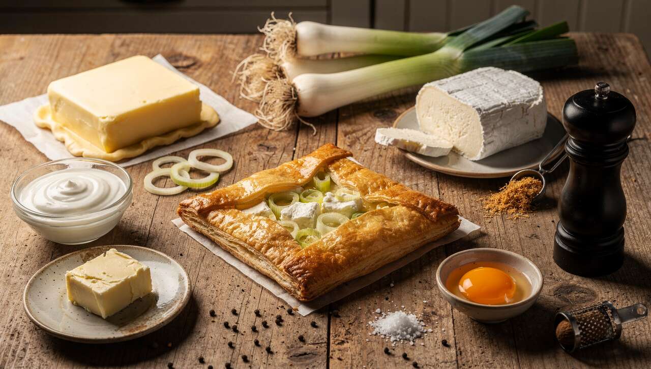 Feuilleté croustillant à la fondue de poireaux et chèvre frais