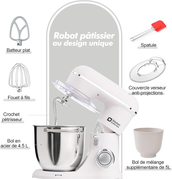 Découvrez notre test complet du robot pâtissier kitchen in the box 1300W : double bol de 4, 5L + 5L pour des recettes réussies. Polyvalent et performant, il s'adapte à toutes vos envies culinaires.