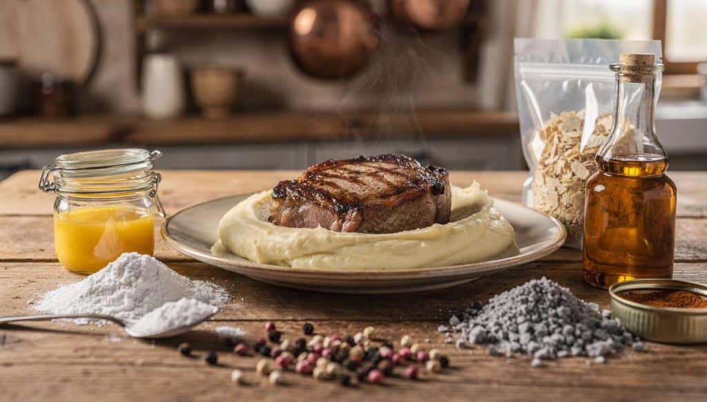 Côte de porc noir de gascogne et purée de céleri boule : recette gourmet