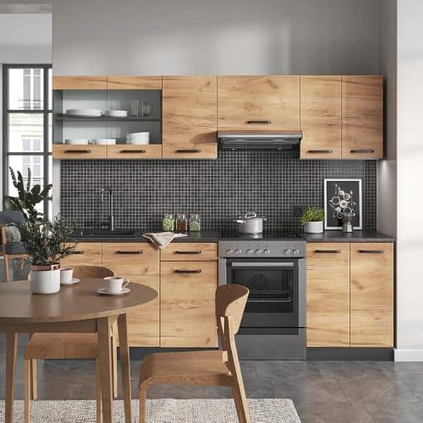 Découvrez la cuisine Vicco Raul 240 cm associant le chêne doré et l'anthracite. Design moderne, qualité premium et fonctionnalité pour votre intérieur.