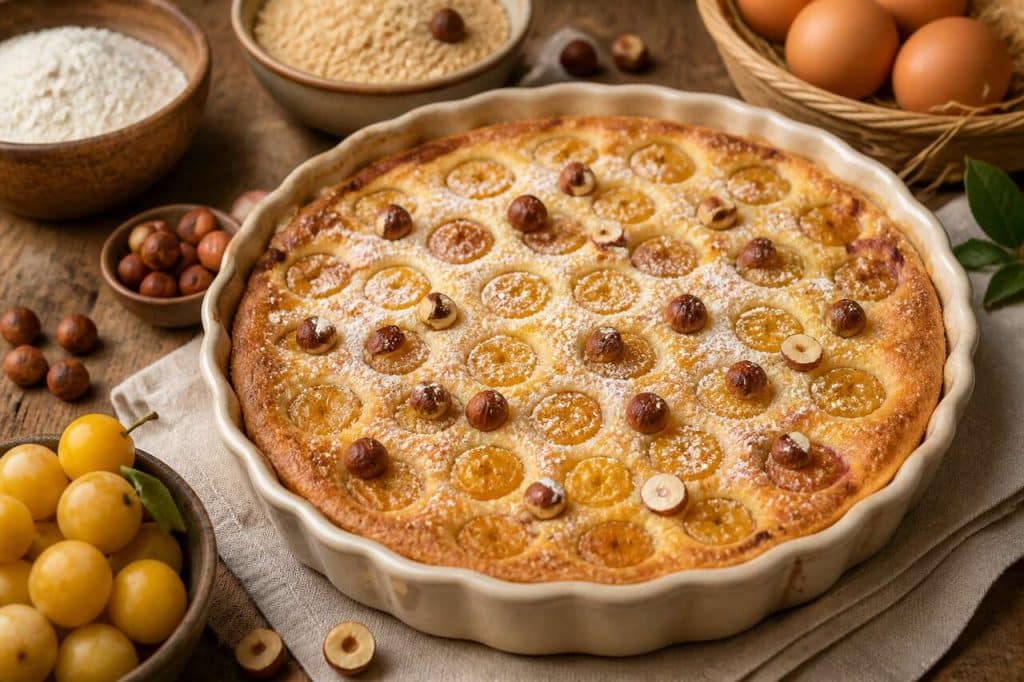 Clafoutis rustique aux mirabelles et noisettes : recette savoureuse