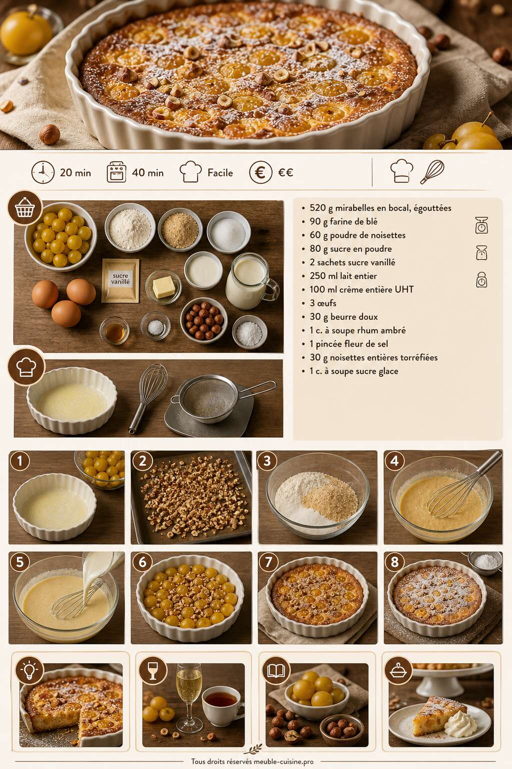 Fiche recette Clafoutis rustique aux mirabelles et noisettes : recette savoureuse Fiche recette Clafoutis rustique aux mirabelles et noisettes : recette savoureuse